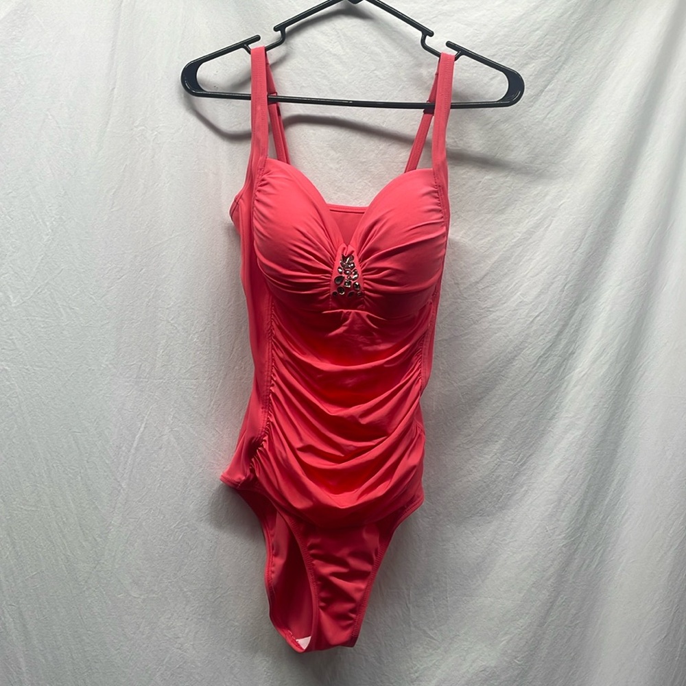 Jantzen Coral Bombshell Ruched Rhinestone Embellished One Piece Swimsuit